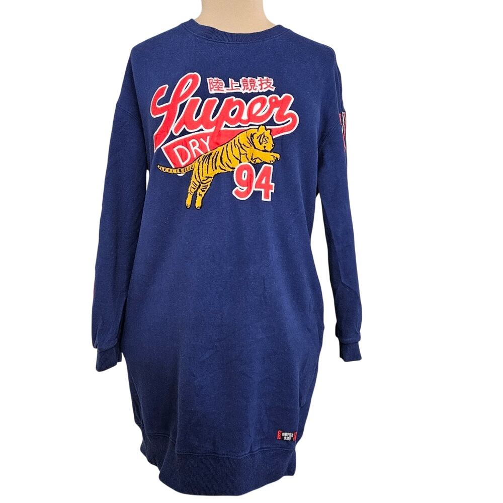 Superdry Jersey Blue Sweater Tunic Dress Pockets Gameday Womens 8 Sporty Casual